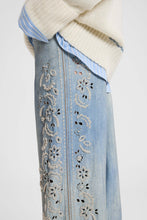 Load image into Gallery viewer, Baggy Trousers in Stone Wash Denim Print Viscose Marocain with Handmade Embroidery
