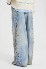 Load image into Gallery viewer, Baggy Trousers in Stone Wash Denim Print Viscose Marocain with Handmade Embroidery
