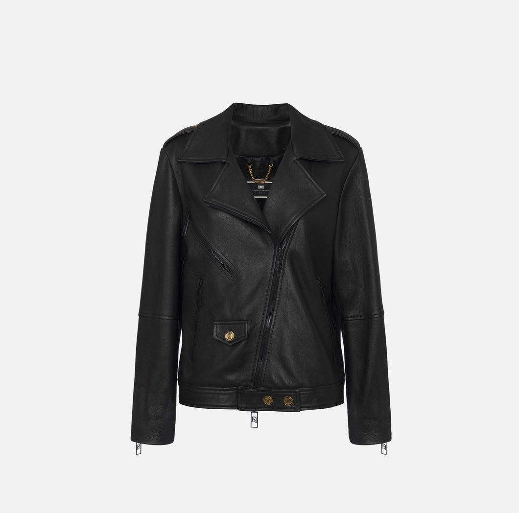 Oversized biker jacket in used-effect leather