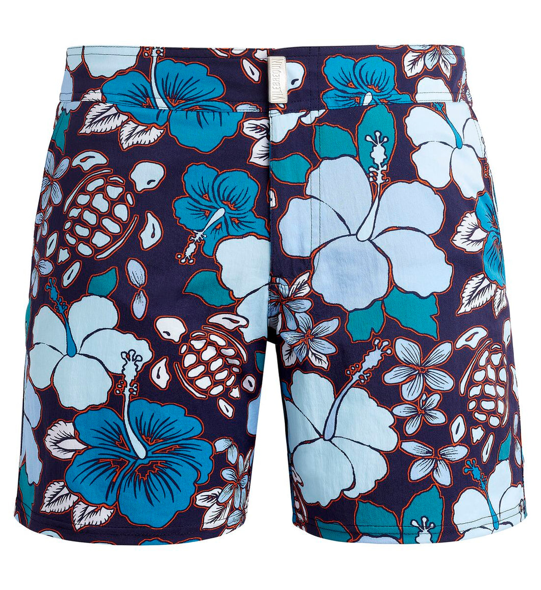 Men Stretch Flat Belt Swim Trunks Tropical Turtles
