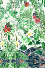 Load image into Gallery viewer, Patterned fabric with green leaves, red and yellow flowers, and orange fish on a white background
