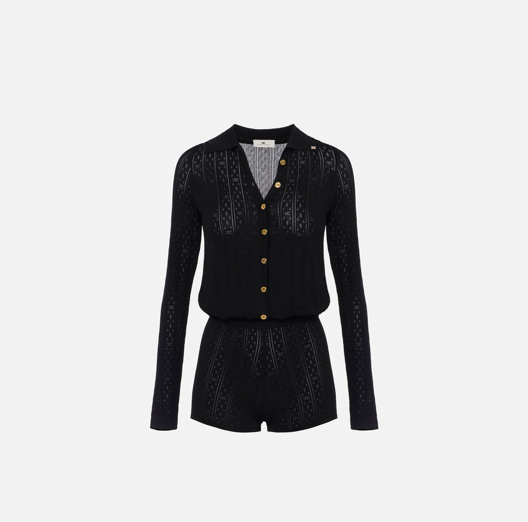 Knit jumpsuit with openwork embroideries