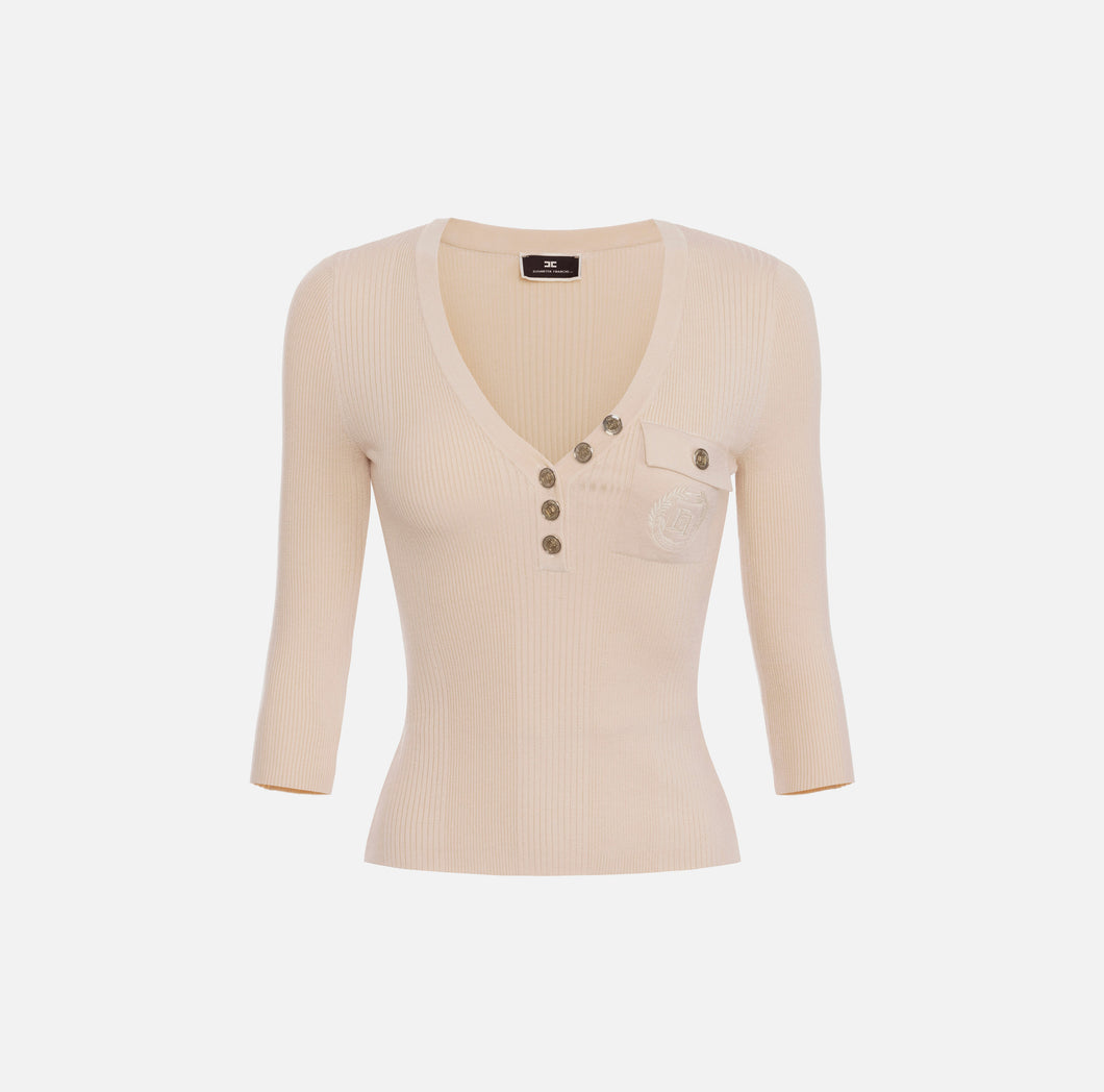 Top with V-neck in narrow-ribbed viscose and silk fabric with logo embroidery