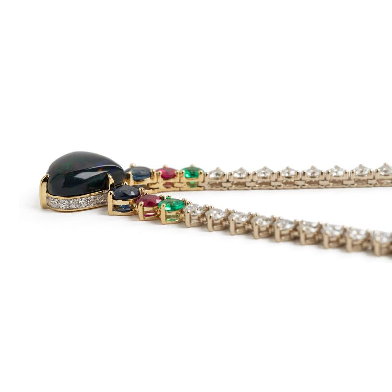 18k white gold and yellow gold necklace with Black Opal,Blue Sapphire, Ruby, Emerald,diamonds and black diamonds