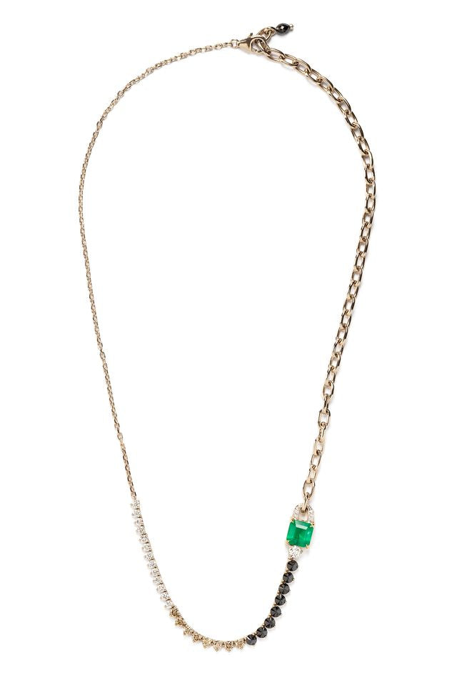 18k white gold and yellow gold necklace with emerald,brown diamond, black diamond and diamonds