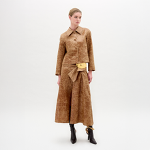 Load image into Gallery viewer, Woman wearing a brown textured outfit with a belt on a white background
