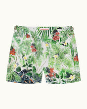 Load image into Gallery viewer, Tropical patterned swim shorts on a white background
