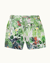 Load image into Gallery viewer, Tropical patterned swim shorts on a white background with closure open.
