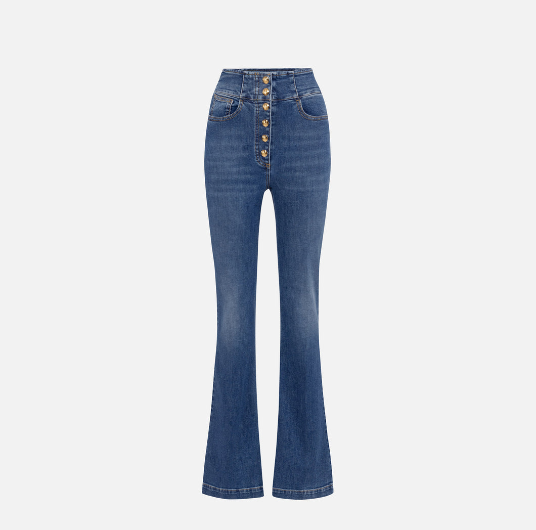 Bell-bottom stretch cotton jeans with central button placket