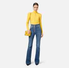 Load image into Gallery viewer, Bell-bottom stretch cotton jeans with central button placket
