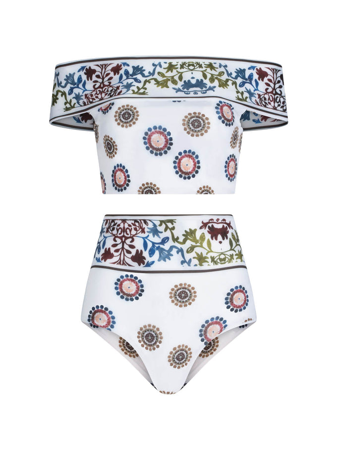 High-waisted Pineto Top + Hilaria Bikini Bottom Multi Sepia Floral with an abstract print, featuring an off-the-shoulder ruffled top and matching bottoms, isolated on a white background.