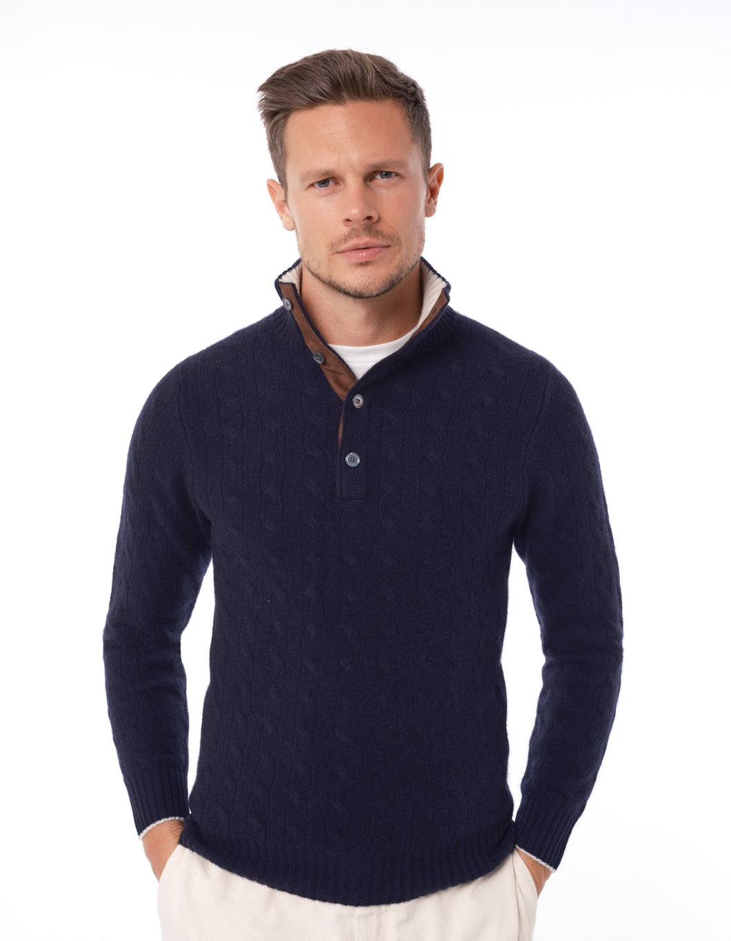 100% CASHMERE CABLE BUTTON UP MOCK NECK SWEATER