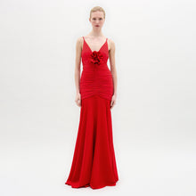 Load image into Gallery viewer, A woman wearing the Sana Dress in color Rouge on a white background.

