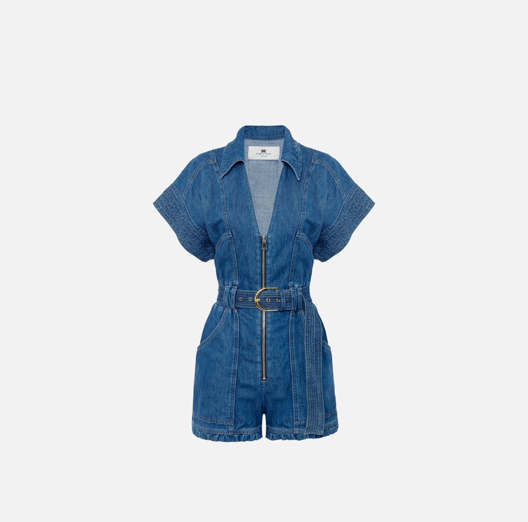 Denim romper suit with belt