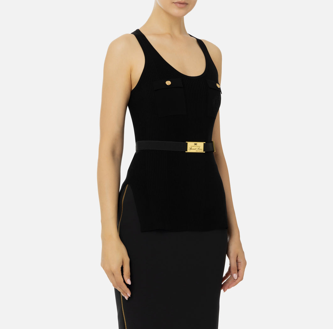 Top in narrow-ribbed viscose and silk fabric with logo embroidery