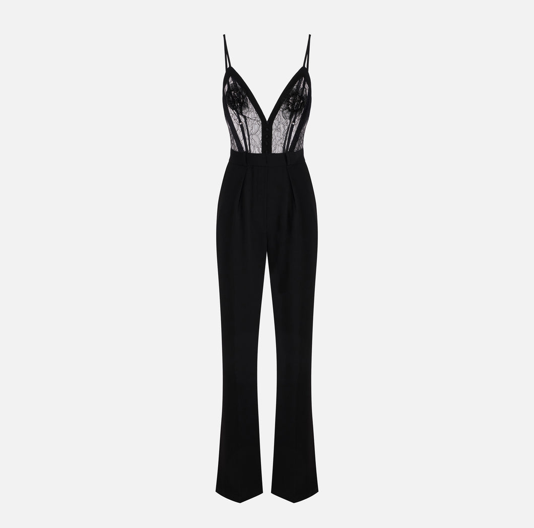 Jumpsuit in lightweight crêpe fabric with floral embroideries