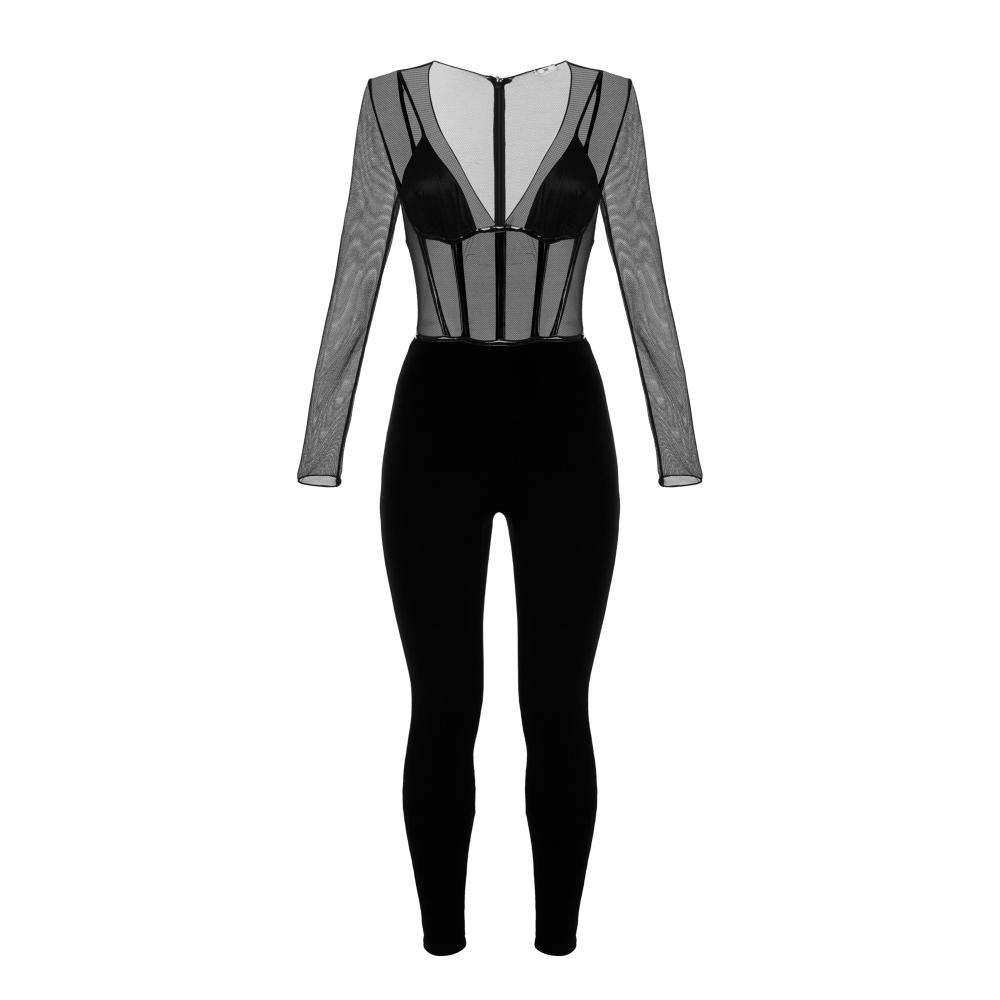 Jumpsuit in tulle and velvet fabrics with vinyl details