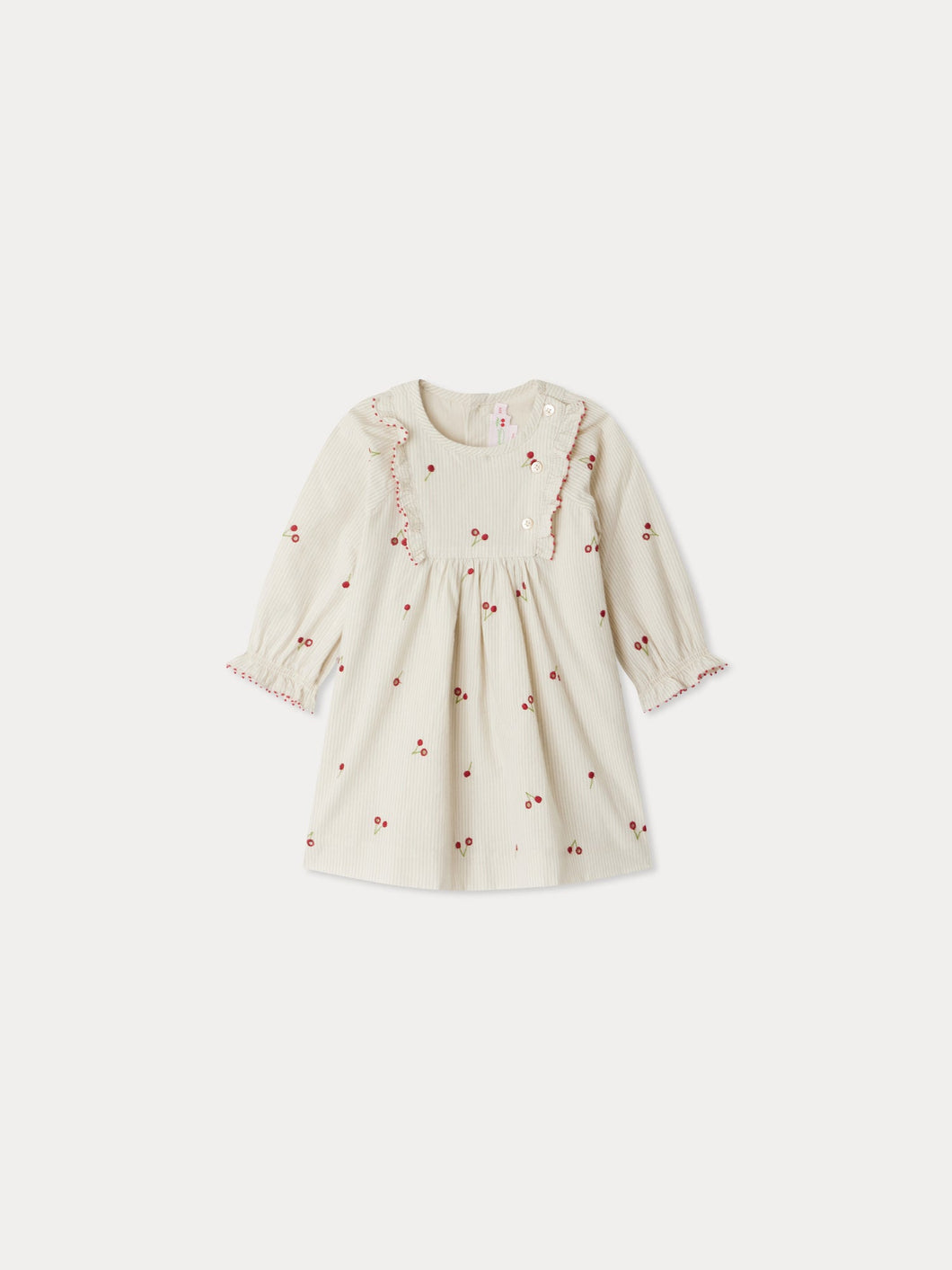 Taelia dress in striped organic cotton with cherry embroidery