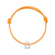 Load image into Gallery viewer, Introducing the L'Arc Voyage Charm PM bracelet, crafted from 18k white gold and embellished with sparkling Galerie diamonds. This elegant piece is set on a vibrant orange silk cord and originates from a prestigious Parisian atelier. It is beautifully displayed against a pristine white background.
