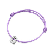 Load image into Gallery viewer, This exquisite L'Arc Voyage Charm PM bracelet from the Paris Atelier is crafted in 18k white gold and embellished with Galerie diamonds, reminiscent of a delicate lock. It graces a light purple silk cord and features two adjustable knots for effortless size adjustment, seamlessly combining elegance with practicality.

