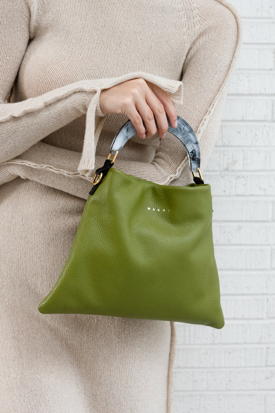 HOBO BAG IN Green GRAINED CALFSKIN AND RESIN HANDLE