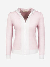 Load image into Gallery viewer, Cardigan Bordo Inglese 100% Capri pink and white linen cardigan worn by model
