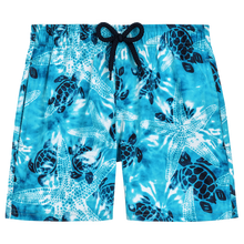 Load image into Gallery viewer, Boys Stretch Swim Trunks Starlettes and Turtles Tie &amp; Dye
