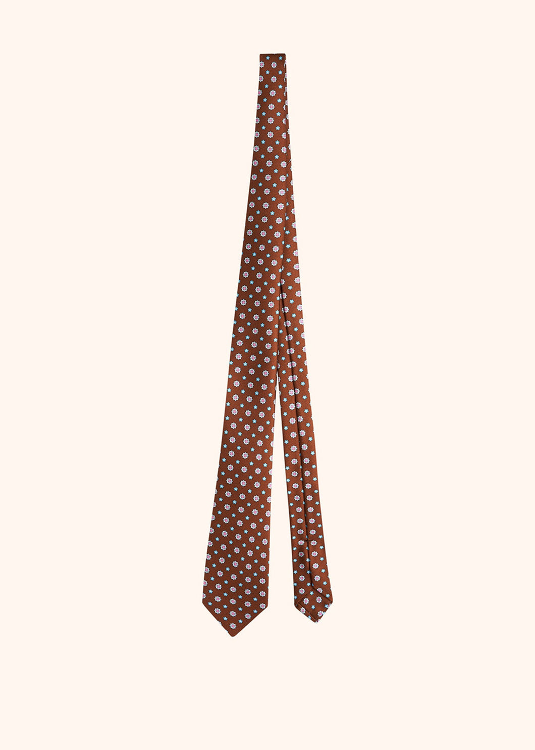 Kiton brown, cornflower blue, white and orange floral design tie for man, made of silk